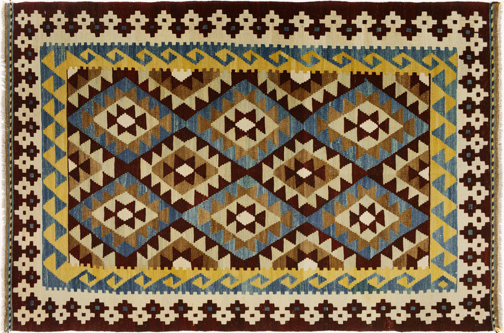 handmade Geometric Kilim Brown Beige Hand-Woven RECTANGLE 100% WOOL area rug 4 x 6