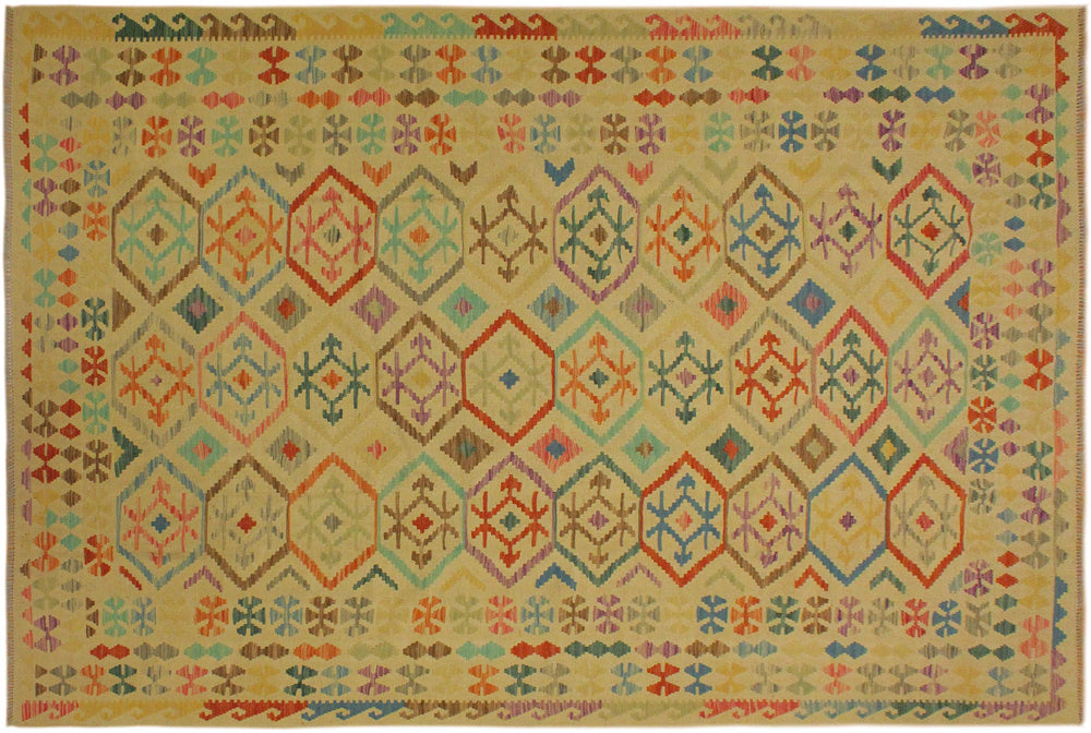 handmade Geometric Kilim Tan Blue Hand-Woven RECTANGLE 100% WOOL area rug 7 x 10