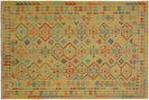 7x10 hand woven Turkish Kilim wool rug in tan and blue - Chic Florence Turkish