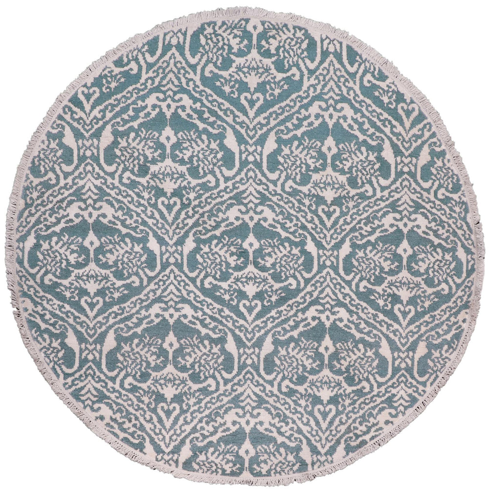 handmade Modern Round Kafkaz Green Ivory Hand Knotted ROUND WOOL&SILK area rug 6' x 6'
