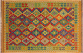 5x7 hand woven Turkish Kilim wool rug in gold and red - Chic Krystal Turkish