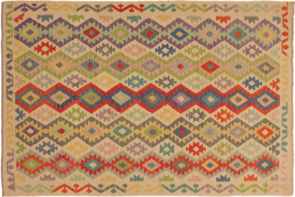 handmade Geometric Kilim Beige Red Hand-Woven RECTANGLE 100% WOOL area rug 7 x 10