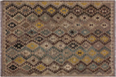 6x8 hand woven Turkish Flat Weave Kilim wool rug in tan and green - Modern Turkish Marcellu