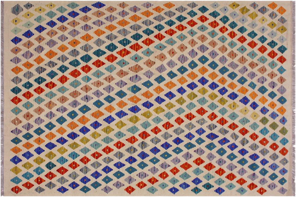 handmade Modern Kilim Beige Rust Hand-Woven RECTANGLE 100% WOOL area rug 5x7