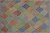 6x10 hand woven Turkish Kilim wool rug in green and orange - Tribal Amiee Turkish