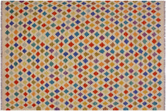 handmade Modern Kilim Beige Blue Hand-Woven RECTANGLE 100% WOOL area rug 5x8