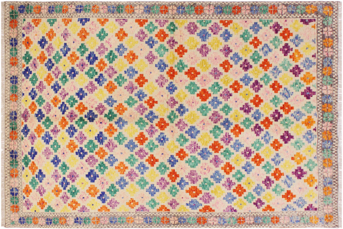 Contemporary Balochi Antionet Beige/Gray Wool Rug - 5'5''X7'9''