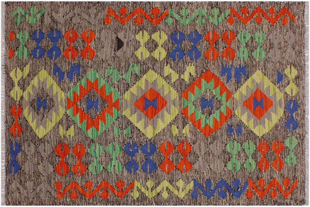 handmade Geometric Kilim Brown Rust Hand-Woven RECTANGLE 100% WOOL area rug 3' x 4'