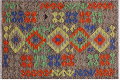 handmade Geometric Kilim Brown Rust Hand-Woven RECTANGLE 100% WOOL area rug 3' x 4'