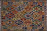 5x6 hand woven Turkish Kilim wool rug in brown and blue - Chic Aretha Turkish