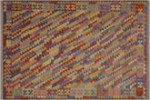 handmade Modern Kilim Brown Blue Hand-Woven RECTANGLE 100% WOOL area rug 7x10