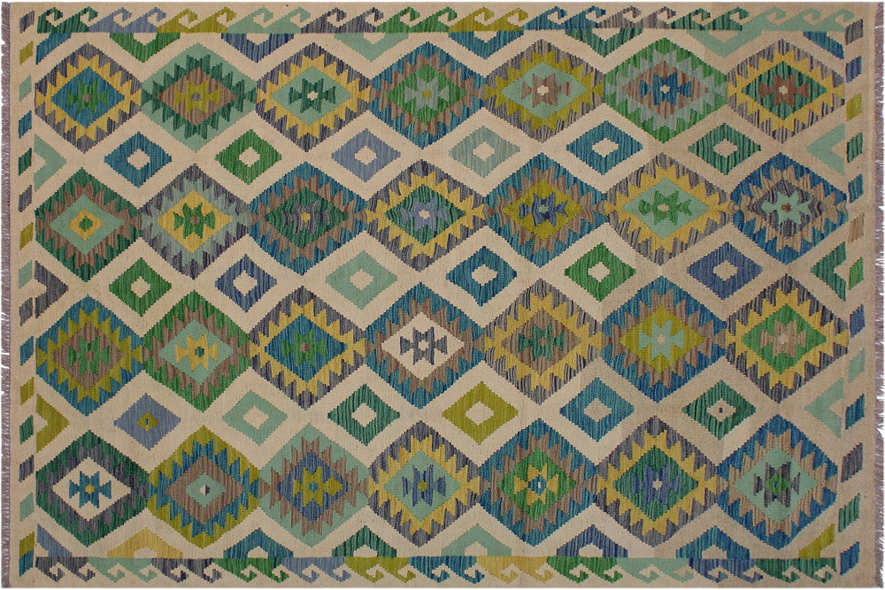 handmade Geometric Kilim Ivory Green Hand-Woven RECTANGLE 100% WOOL area rug 5 x 8