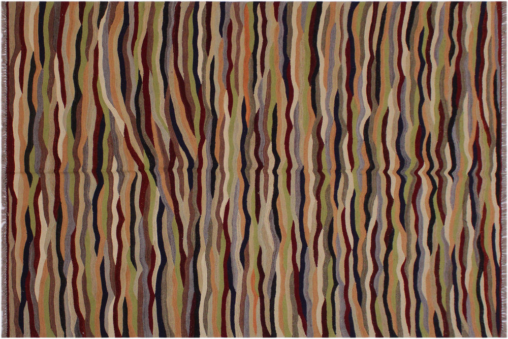 handmade Modern Kilim Beige Red Hand-Woven RECTANGLE 100% WOOL area rug 5x7