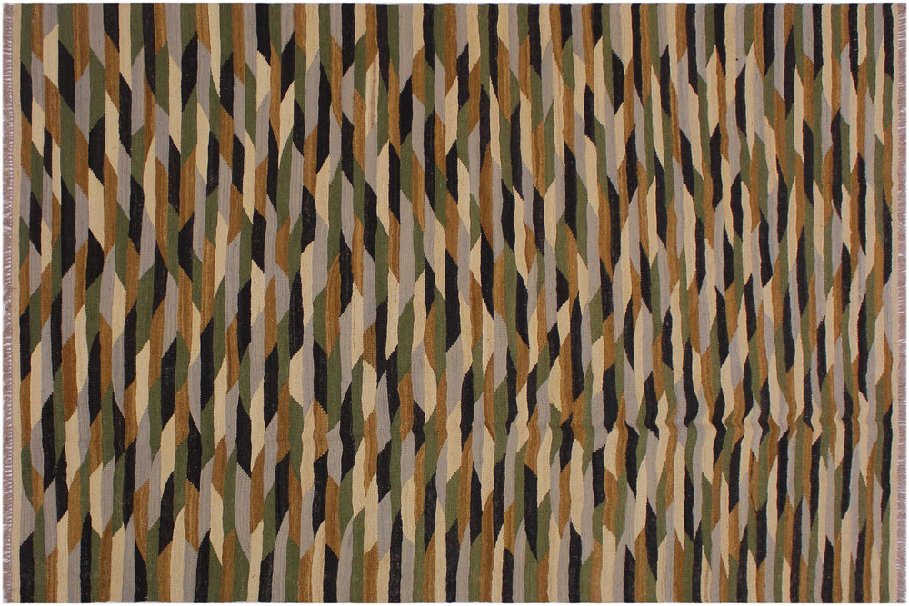 handmade Modern Kilim Beige Green Hand-Woven RECTANGLE 100% WOOL area rug 6x8