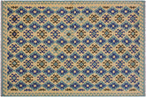 7x10 hand woven Turkish Kilim wool rug in beige and blue - Ethnic Cami Turkish