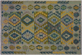 5x7 hand woven Turkish Kilim wool rug in gray and blue - Tribal Carin Turkish