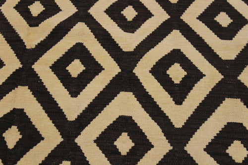 handmade Modern Kilim Black Ivory Hand-Woven RECTANGLE 100% WOOL area rug 6' x 8'