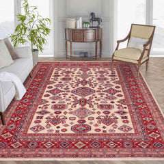 handmade Geometric Super Kazak Beige Red Hand Knotted RECTANGLE 100% WOOL area rug 8' x 10'