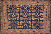 6x9 hand woven Vintage Soumak wool rug in blue and rust - Rustic Soumak Caterina