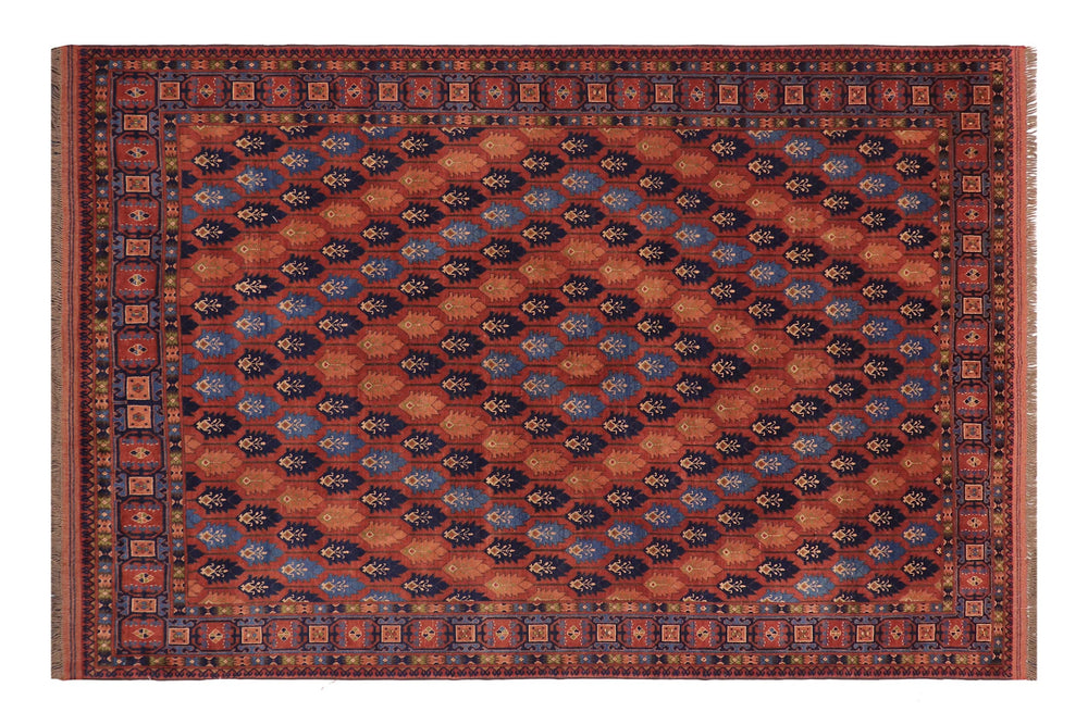 handmade Geometric Kargahi Rust Blue Hand Knotted RECTANGLE 100% WOOL area rug 7x10
