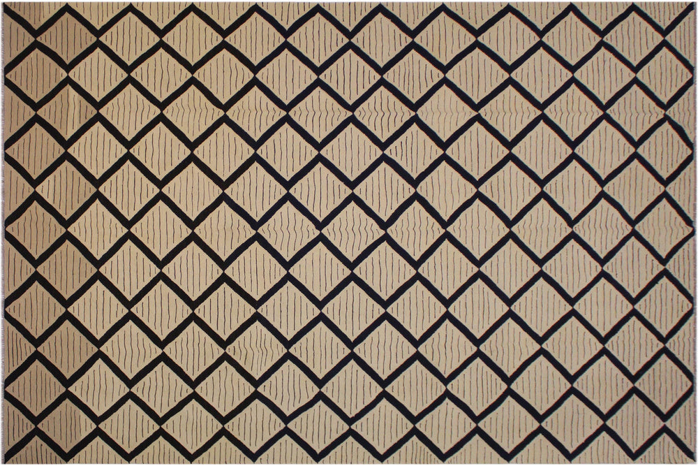 handmade Modern Kilim Beige Black Hand-Woven RECTANGLE 100% WOOL area rug 10' x 13'
