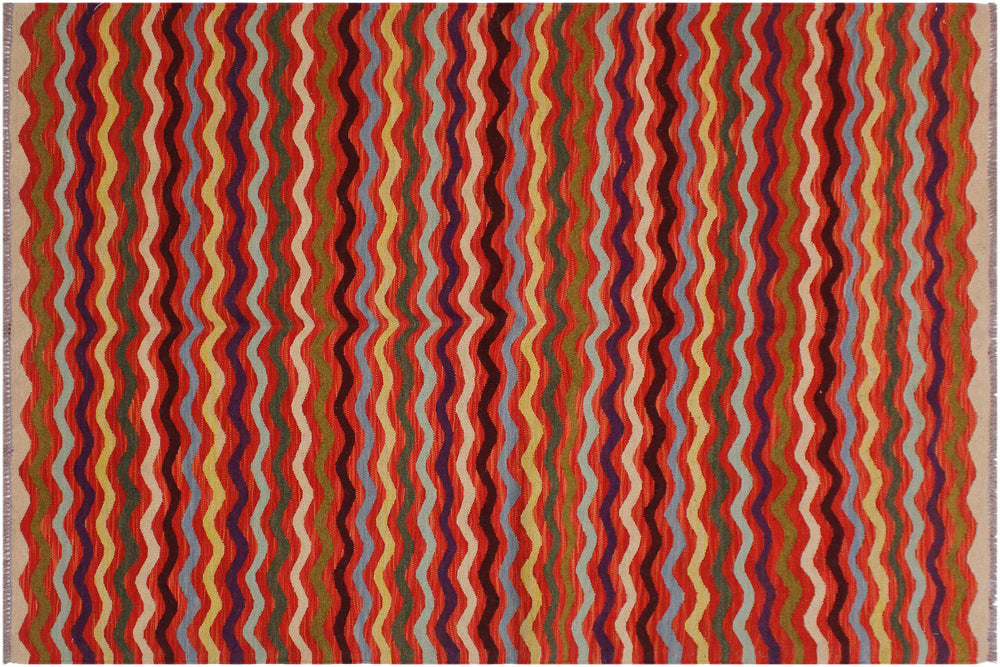 handmade Modern Kilim Rust Beige Hand-Woven RECTANGLE 100% WOOL area rug 5 x 6