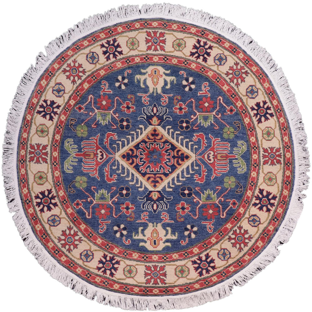 handmade Geometric Kazak Blue Ivory Hand Knotted ROUND 100% WOOL area rug 5x5