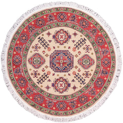 Tribal Kazak Smyth Ivory/Red Wool Round - 4'9''X4'11''