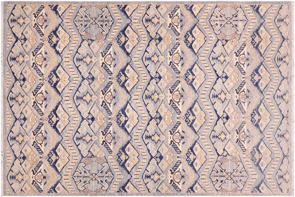 handmade Modern Kafkaz Blue Beige Hand Knotted RECTANGLE 100% WOOL area rug 6' x 9'