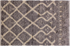 handmade Geometric Moroccan Grey Ivory Hand Knotted RECTANGLE 100% WOOL area rug 5' x 8'