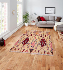 handmade Geometric Moroccan Lt. Gold Red Hand Knotted RECTANGLE 100% WOOL area rug 5' x 7'