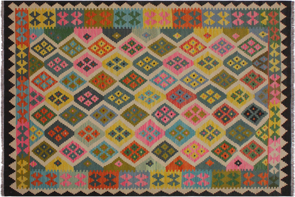 handmade Geometric Kilim Black Ivory Hand-Woven RECTANGLE 100% WOOL area rug 6 x 8