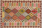 6x8 hand woven Turkish Kilim wool rug in ivory and red - Chic Santos Turkish