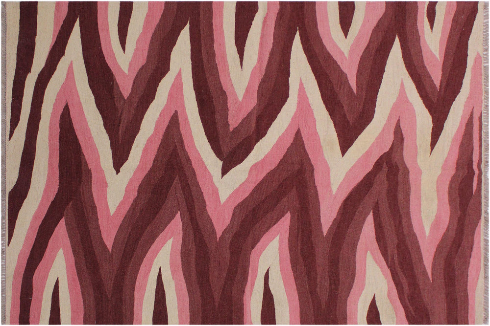 handmade Modern Kilim Red Pink Hand-Woven RECTANGLE 100% WOOL area rug 4x6