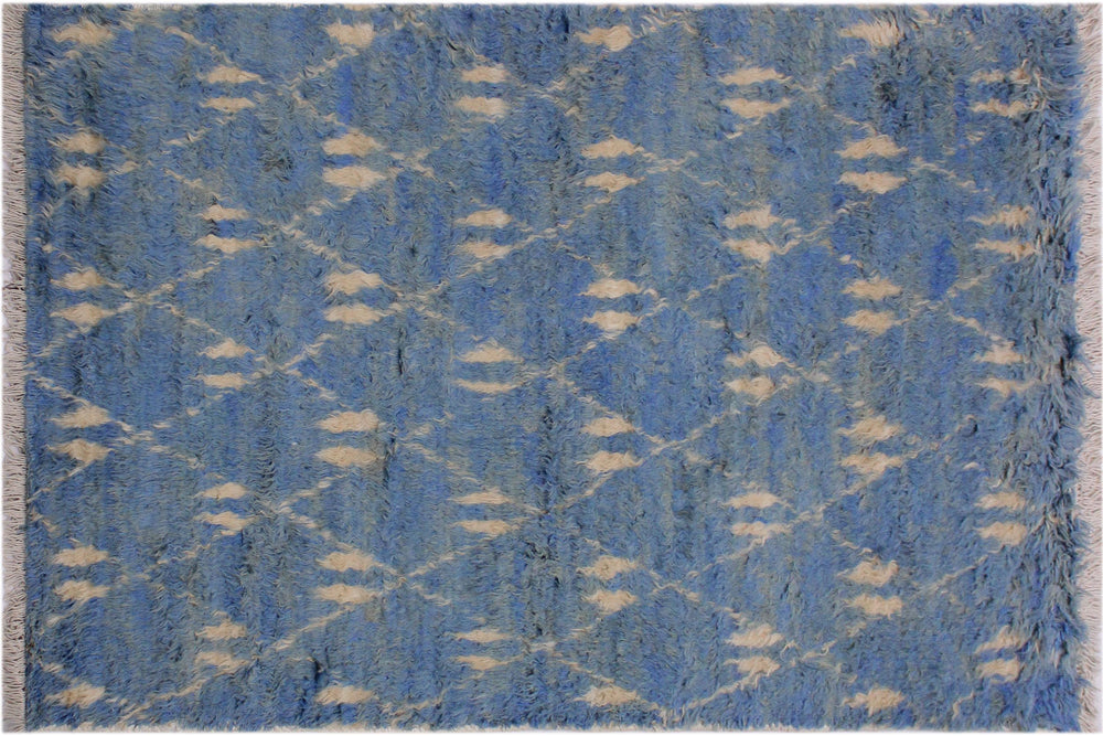 handmade Geometric Moroccan Lt. Blue Ivory Hand Knotted RECTANGLE 100% WOOL area rug 4' x 6'