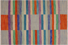 handmade Modern Kilim Grey Purple Hand-Woven RECTANGLE 100% WOOL area rug 7x10