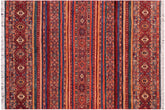 5x7 hand knotted Khurjeen wool rug in red and blue - Boho Chic Khurgeen Petronil