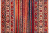 7x10 hand knotted Khurjeen wool rug in red and beige - Bohemian Khurgeen Gita