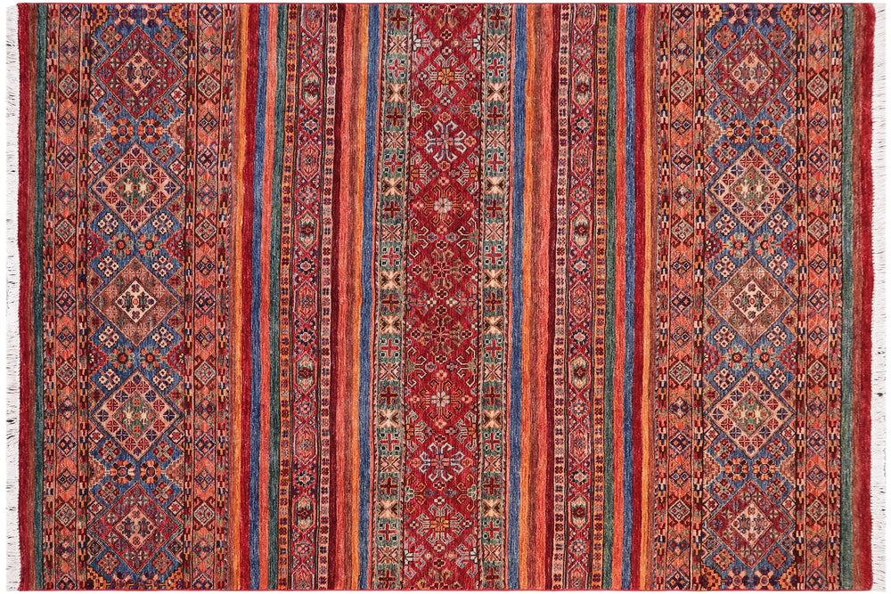 handmade Geometric Kurjean Red Blue Hand Knotted RECTANGLE 100% WOOL area rug 5x6