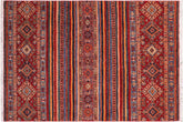 5x7 hand knotted Khurjeen wool rug in red and blue - Boho Chic Khurgeen Rosemari