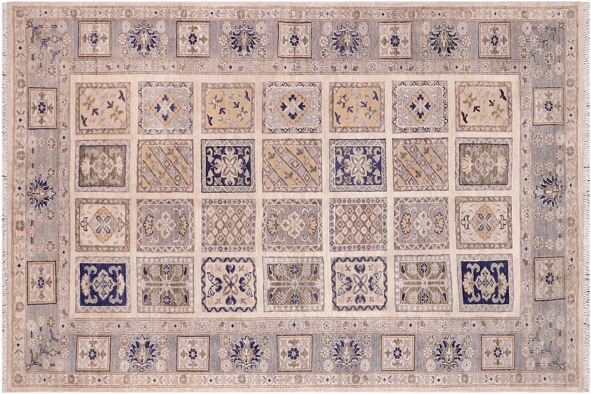 handmade Geometric Kafkaz Ivory Blue Hand Knotted RECTANGLE 100% WOOL area rug 6' x 9'