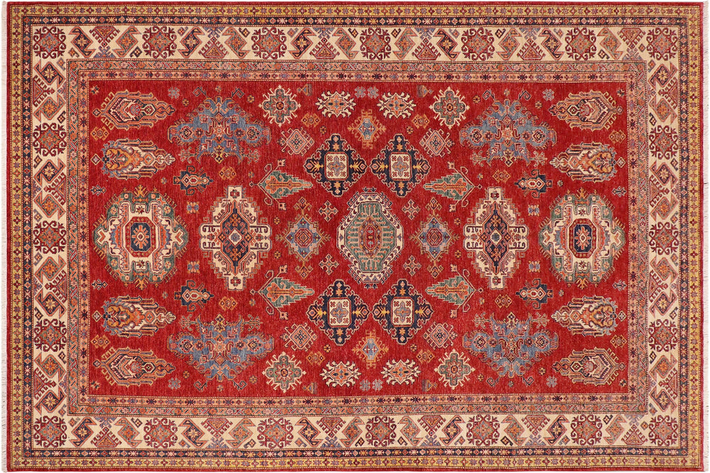 handmade Geometric Super Kazak Red Ivory Hand Knotted RECTANGLE 100% WOOL area rug 9' x 13'