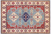 6x8 hand knotted Kazak wool rug in blue and beige - Bohemian Kazak Tosha
