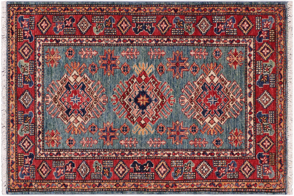 handmade Geometric Super Kazak Green Red Hand Knotted RECTANGLE 100% WOOL area rug 3' x 4'