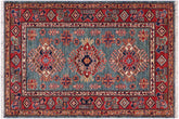 handmade Geometric Super Kazak Green Red Hand Knotted RECTANGLE 100% WOOL area rug 3' x 4'
