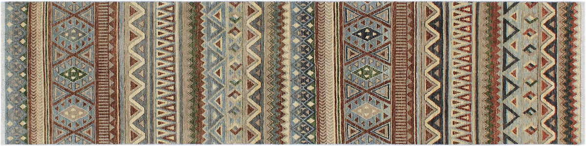 handmade Geometric Kurjean Brown Beige Hand Knotted RUNNER 100% WOOL area rug 3x10