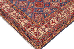 handmade Geometric Super Kazak Blue Beige Hand Knotted RECTANGLE 100% WOOL area rug 9' x 13'