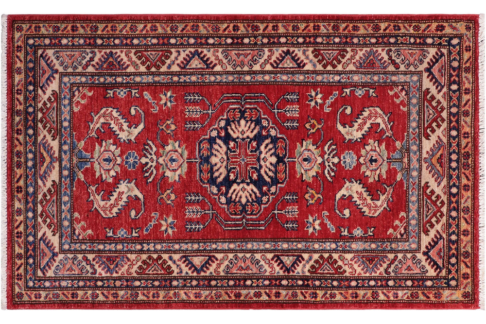handmade Geometric Super Kazak Red Beige Hand Knotted RECTANGLE 100% WOOL area rug 3' x 5'