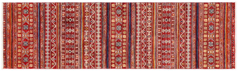 handmade Geometric Kurjean Red Blue Hand Knotted RUNNER 100% WOOL area rug 3x10