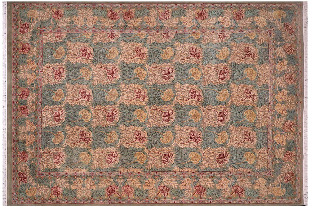handmade Transitional William Mor Green Brown Hand Knotted RECTANGLE 100% WOOL area rug 10x14